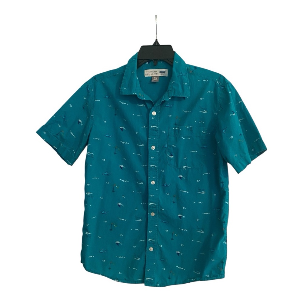Old Navy Turquoise Hawaiian Tropical Shark Button Down Shirt Size XL 14-16